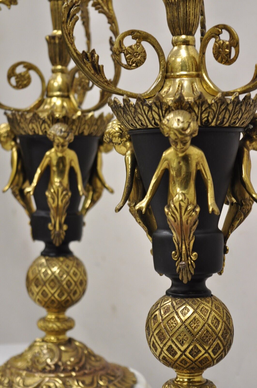 Vintage French Louis XV Brass & Marble Figural Table Lamps w/ Cherubs - a Pair