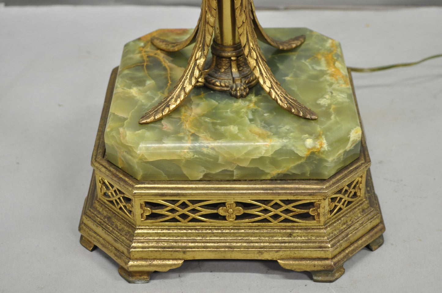 Antique Art Deco Brass & Green Onyx Pole Floor Lamp by Mutual Sunset Lamp Co.