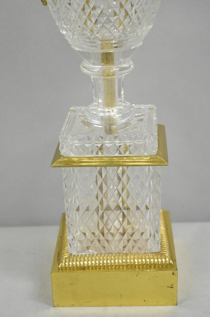 French Empire Regency Baccarat Style Glass Crystal Urn Table Lamp w/ Brass Swans