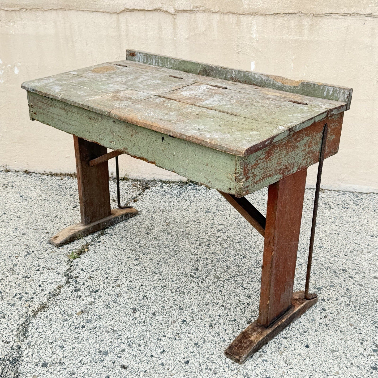 Antique French Primitive Rustic Green Distress Painted Flip Top Wood School Desk