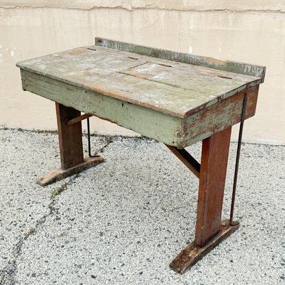 Antique French Primitive Rustic Green Distress Painted Flip Top Wood School Desk