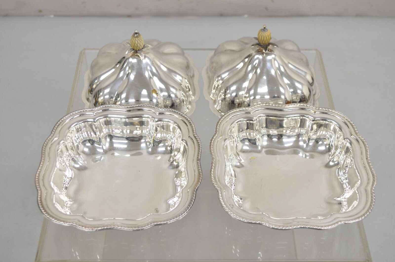 Vintage English Regency Silver Plated Scalloped Covered Dish - a Pair