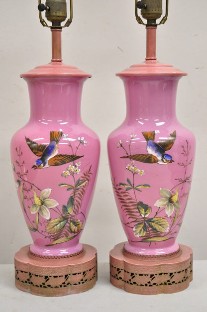 Vintage Chinoiserie Pink Porcelain Japanese Bird Painted Table Lamps - a Pair