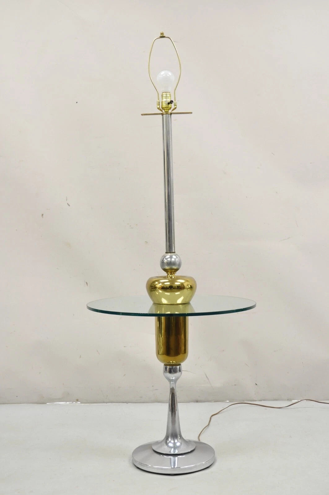 Mid Century Modern Space Age Atomic Era Chrome Brass Glass Side Table Floor Lamp