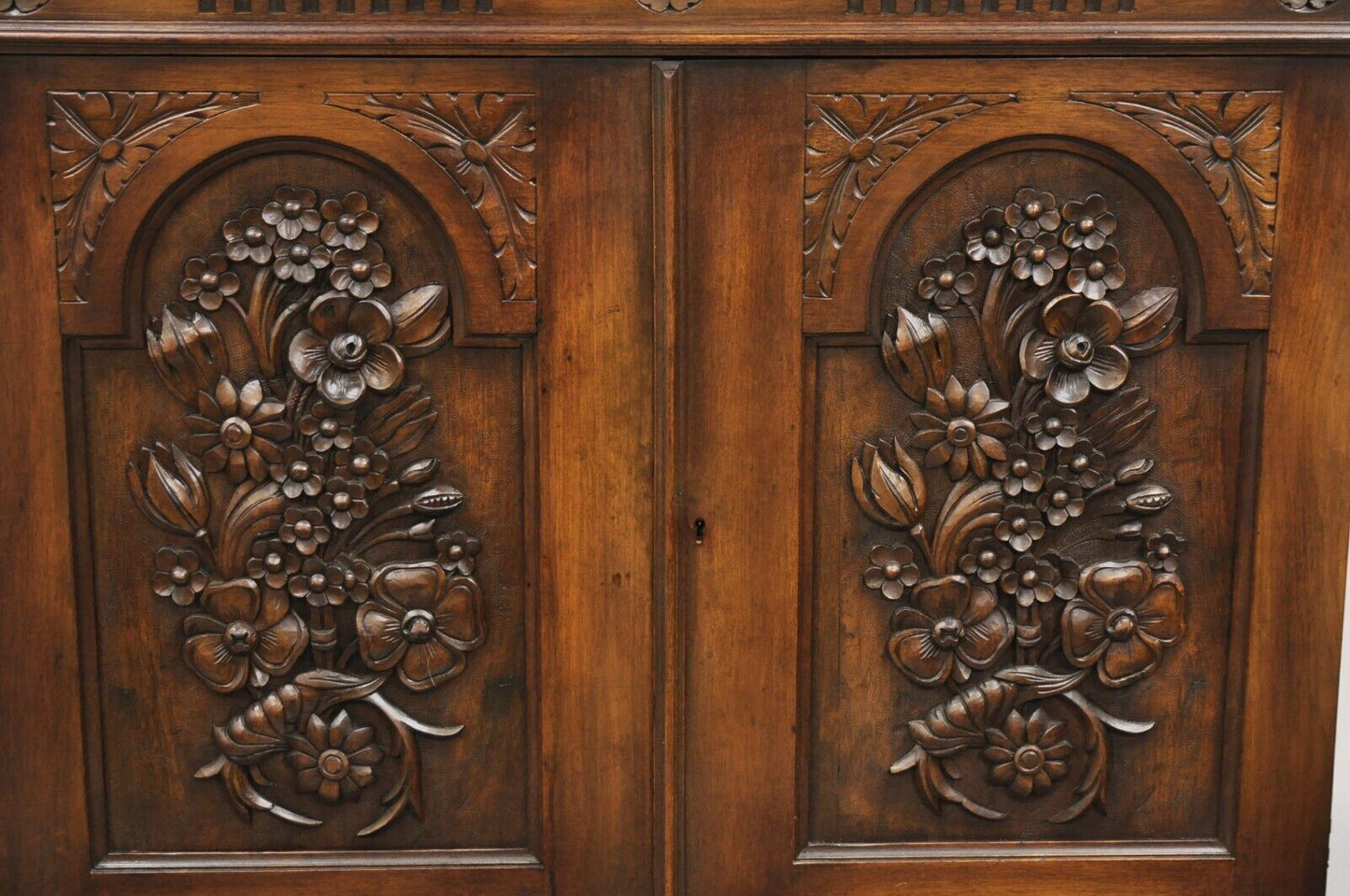 Antique French Renaissance Flower Carved Walnut China Cabinet Radio Bar Cabinet