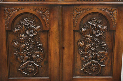 Antique French Renaissance Flower Carved Walnut China Cabinet Radio Bar Cabinet
