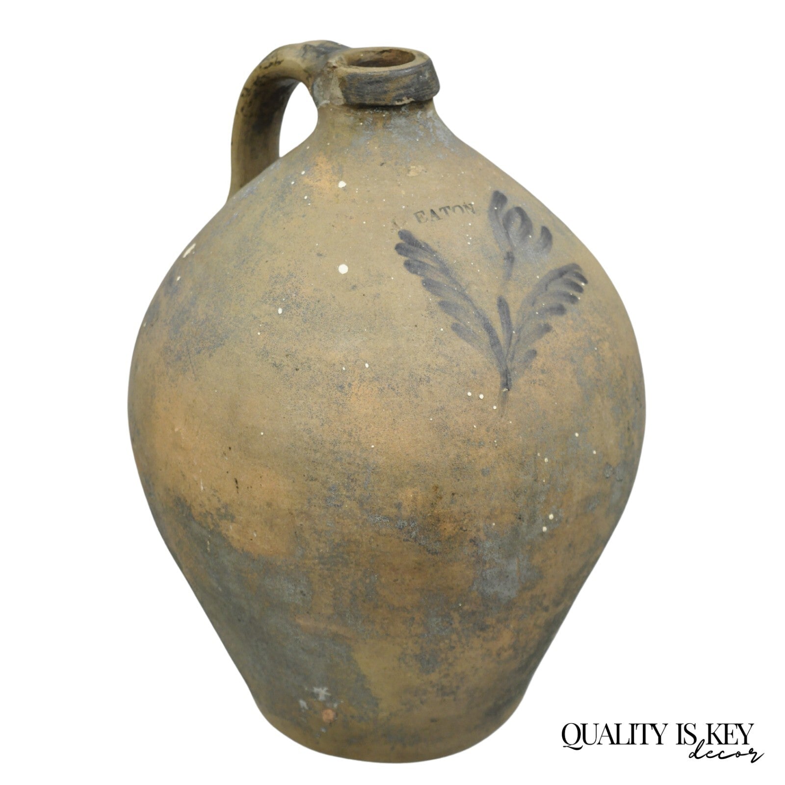 Antique American Primitive Stoneware Salt Glazed Jug Cobalt Flower By Eaton NJ