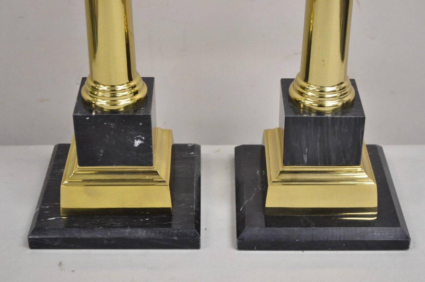 Vintage French Empire Brass & Italian Black Marble Column Table Lamps - a Pair