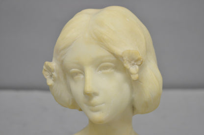 Antique Neoclassical Carved White Marble 9" Bust of Woman's Head on Marble Base