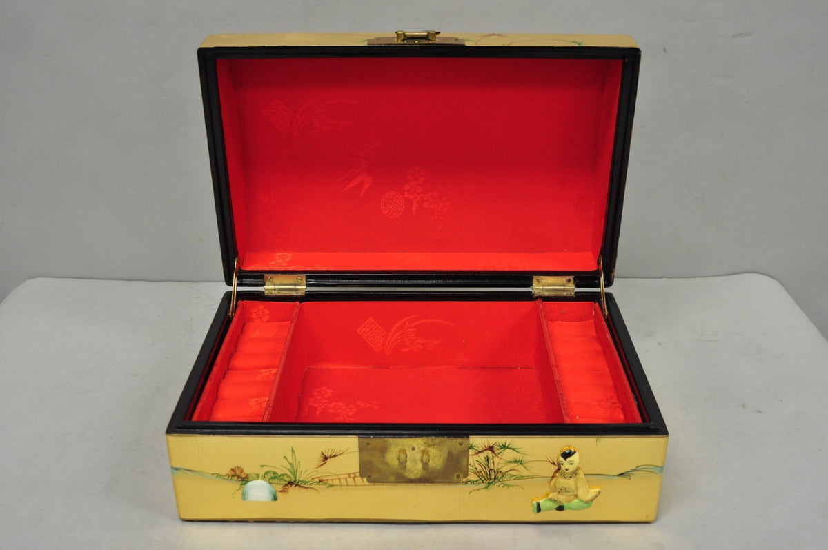 Vintage Chinese Oriental Gold Leaf Dome Lid Jewelry Box w/ Soapstone Figures