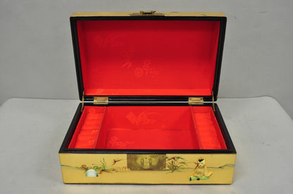 Vintage Chinese Oriental Gold Leaf Dome Lid Jewelry Box w/ Soapstone Figures