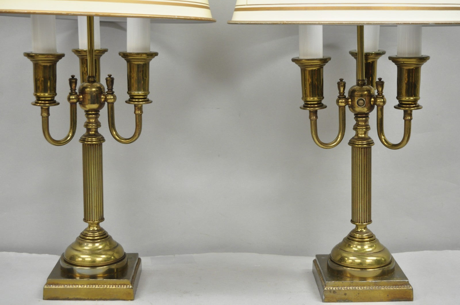 Vintage French Country Tole Metal Shade Brass Column Candelabra Table Lamps Pair