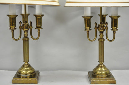 Vintage French Country Tole Metal Shade Brass Column Candelabra Table Lamps Pair