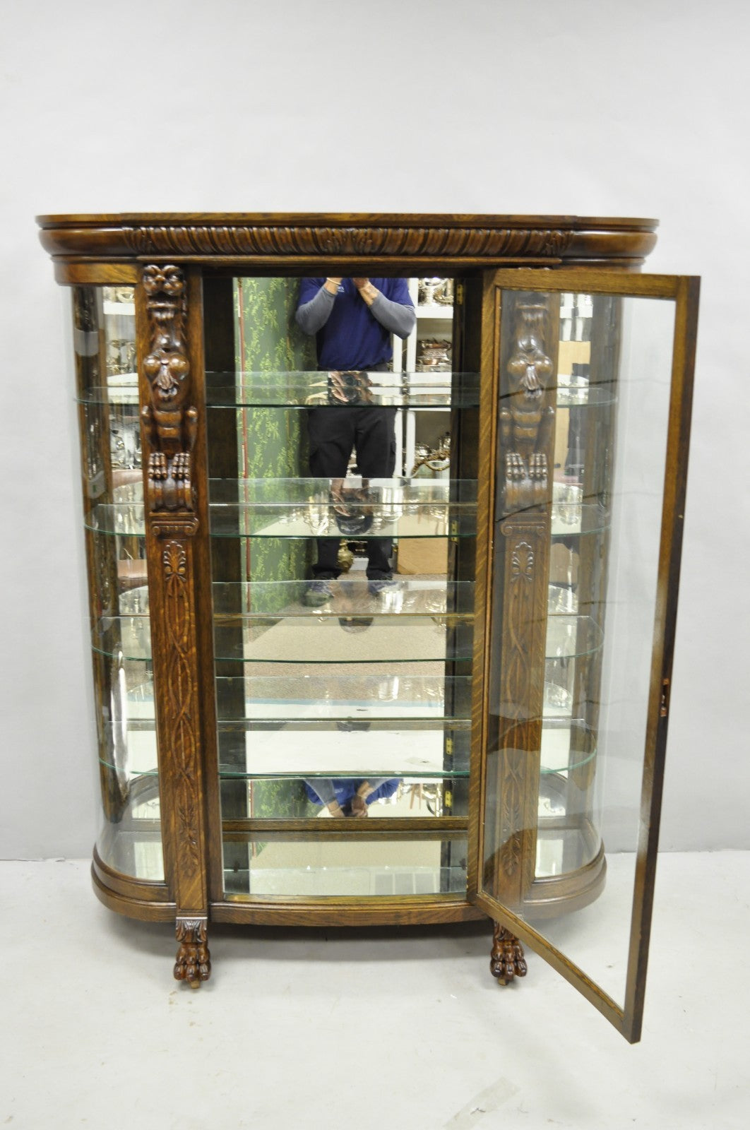 Antique American Empire Tiger Oak Curved Glass China Cabinet w/ Carved Griffins