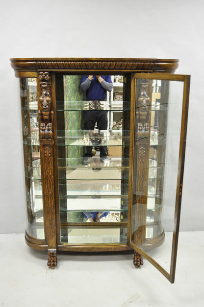 Antique American Empire Tiger Oak Curved Glass China Cabinet w/ Carved Griffins
