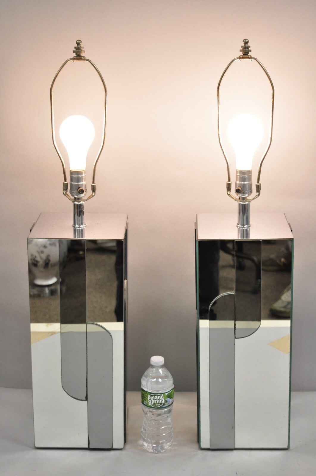 Vintage Mid Century Modern Mirror Skyscraper Cubist Table Lamps - a Pair