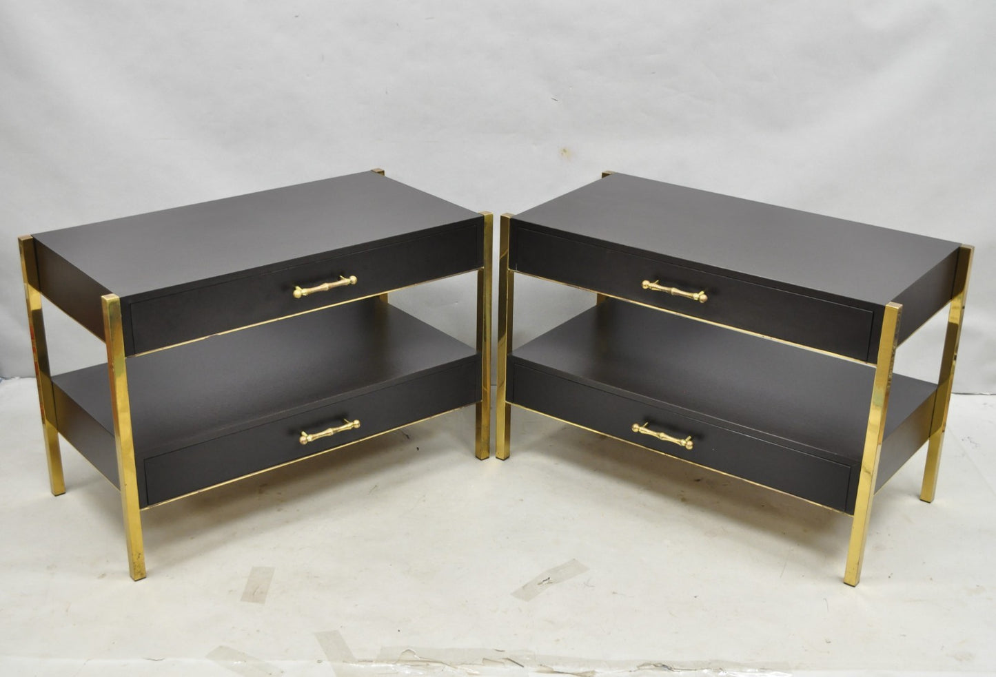 Contemporary Modern Black & Brass Faux Bamboo Nightstand Bedside Table - a Pair
