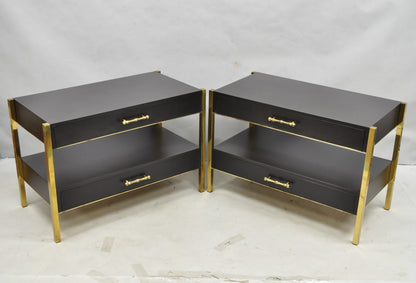 Contemporary Modern Black & Brass Faux Bamboo Nightstand Bedside Table - a Pair