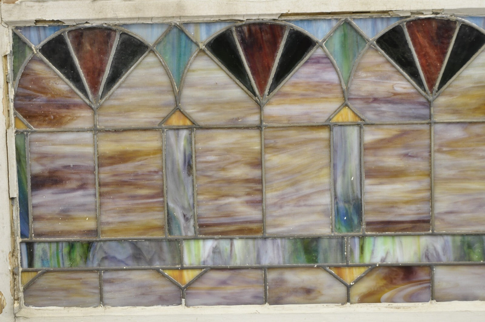 Antique Victorian Stained Leaded Glass Blue Green 24x48 "Fan" Window Transom