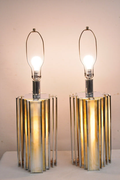 Vintage Art Deco Chrome & Stained Glass Skyscraper Table Lamps - a Pair