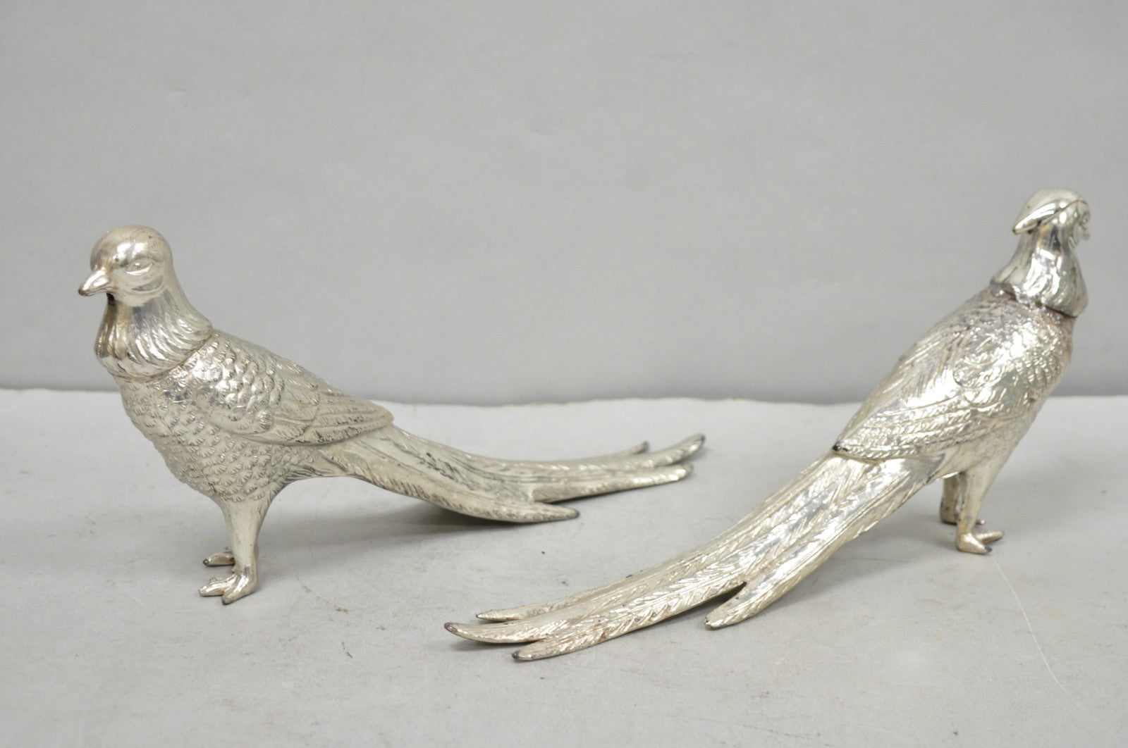 Vintage Mid Century Modern Silver Plated Pheasant Peacock Bird Figurines - Pair