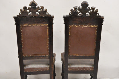 Antique Spanish Renaissance Carved Oak Wood Figural Leather Side Chairs - a Pair