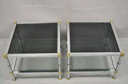 Hollywood Regency Maison Jansen Style Chrome & Brass Square End Tables - a Pair