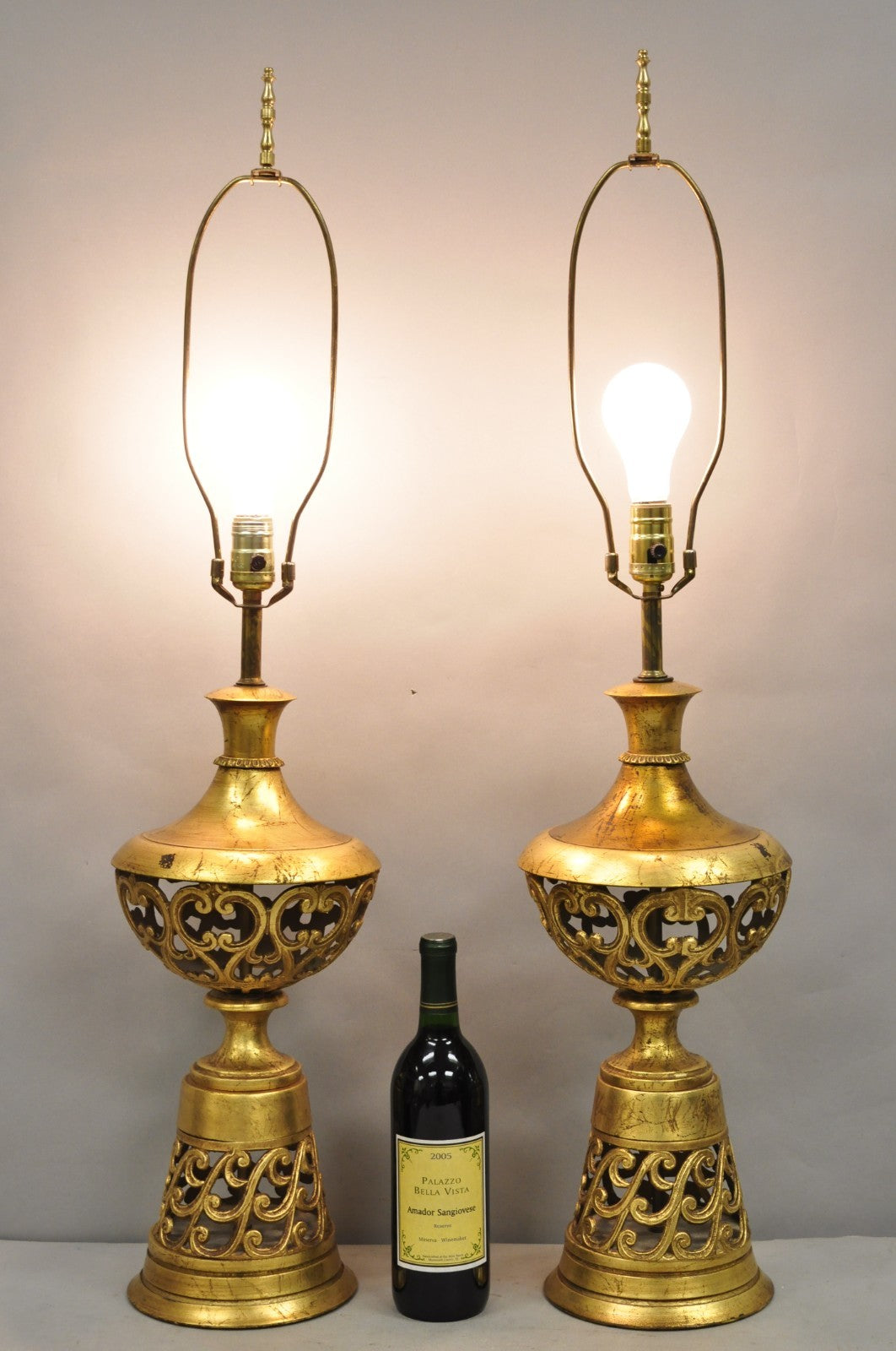 Vintage Italian Hollywood Regency Gold Gilt Iron Metal Fretwork Table Lamps Pair