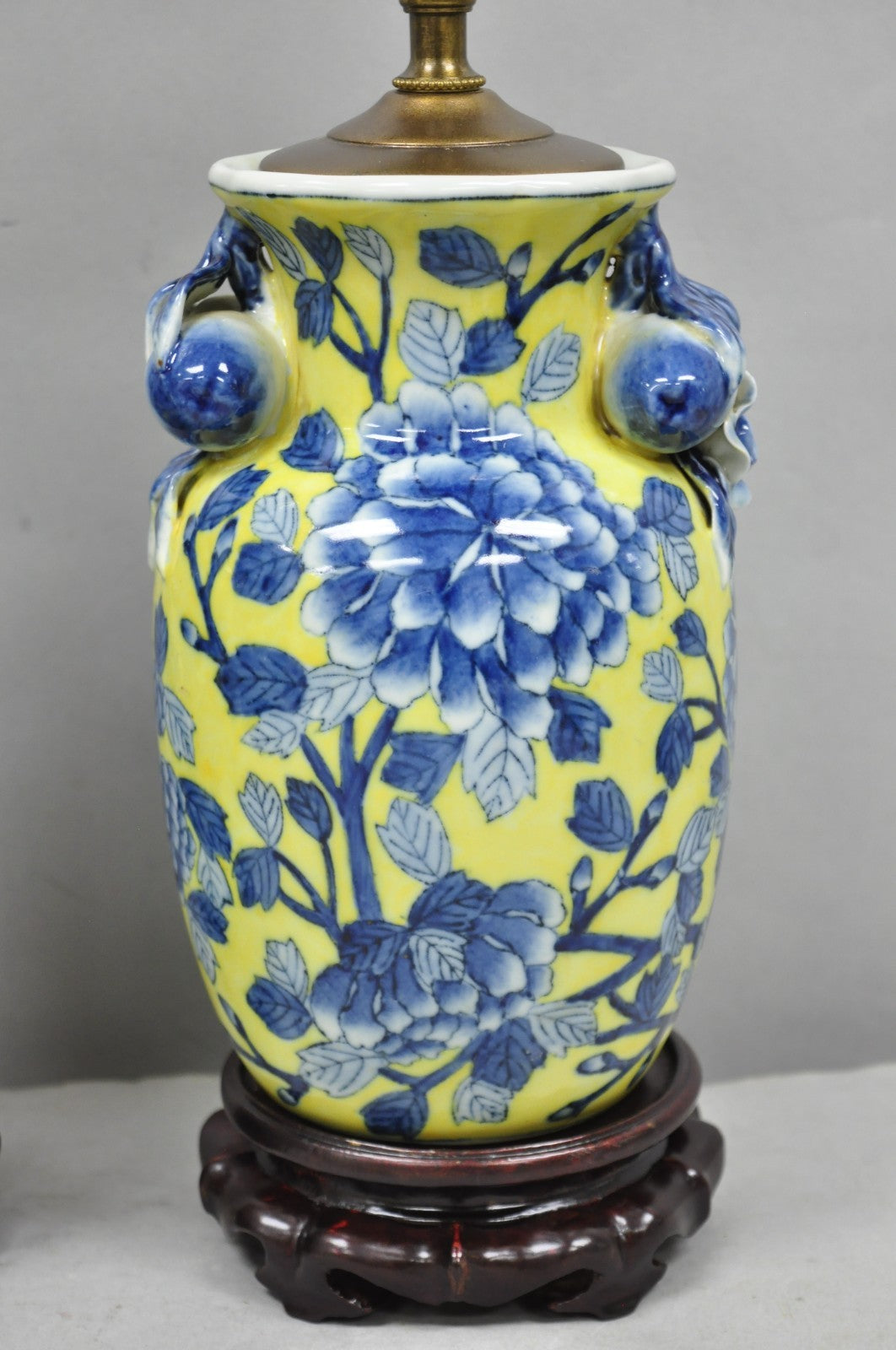 Vintage Chinoiserie Chinese Blue & Yellow Flower Small Porcelain Table Lamp Pair