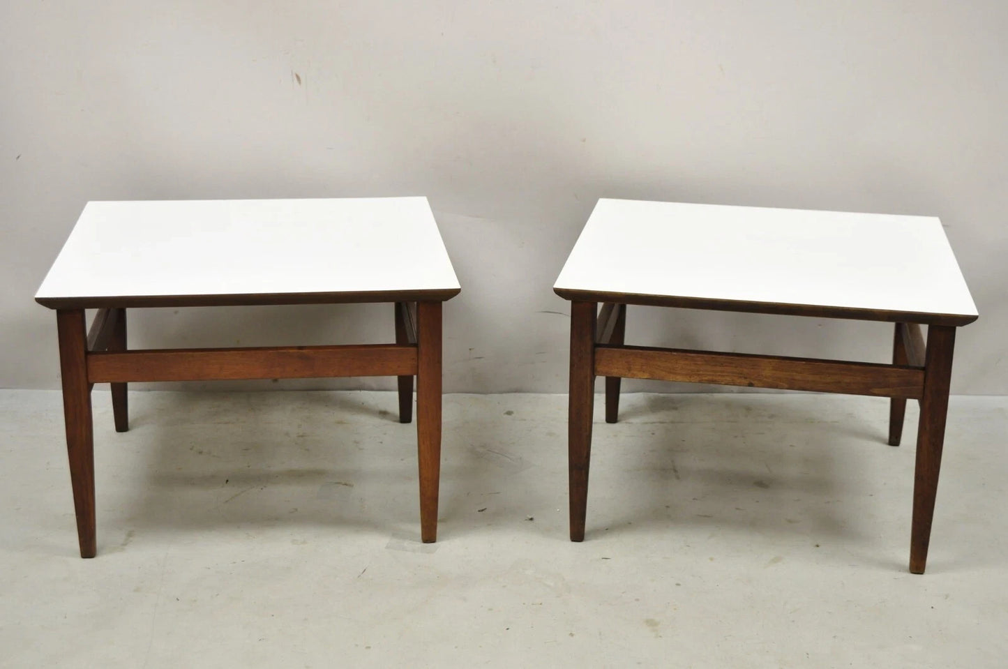 Vintage Mid Century Modern Walnut Base Laminate Top Low Side Tables - a Pair