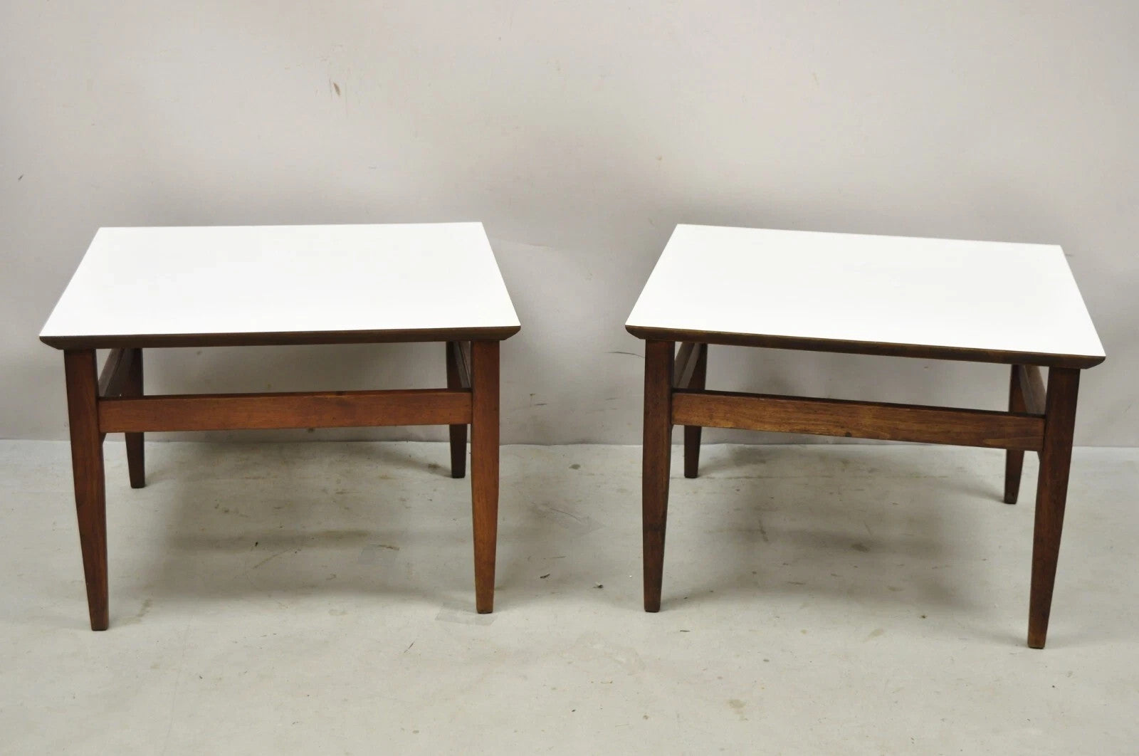 Vintage Mid Century Modern Walnut Base Laminate Top Low Side Tables - a Pair