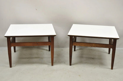 Vintage Mid Century Modern Walnut Base Laminate Top Low Side Tables - a Pair