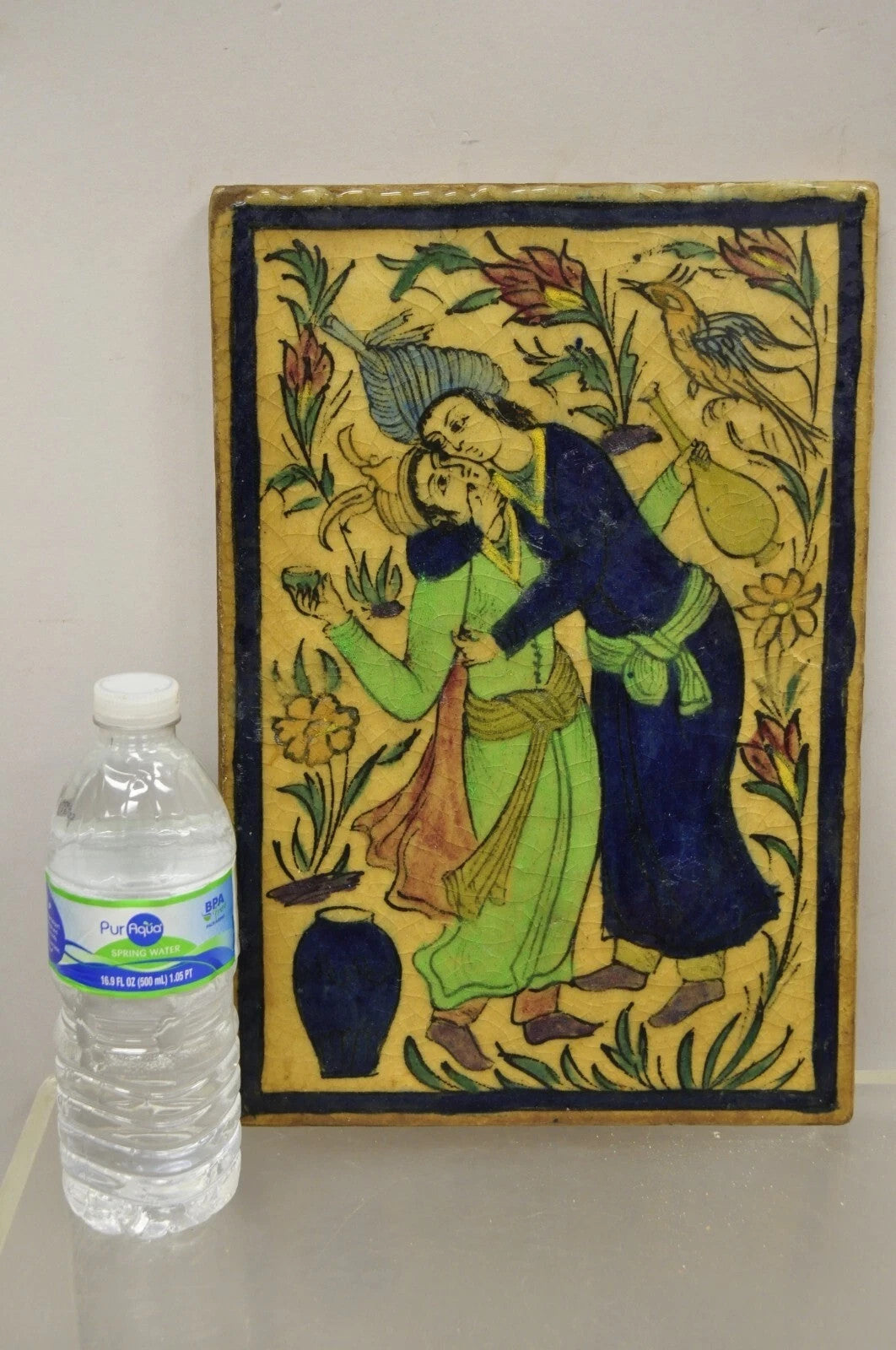 Antique Persian Iznik Qajar Style Ceramic Pottery Tile Blue Man Woman Kissing C2