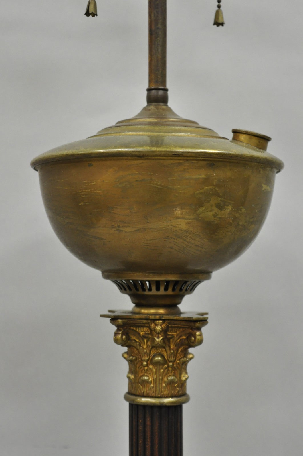 Antique French Empire Brass Converted Oil Lamp Mahogany Wood Column Table Lamp
