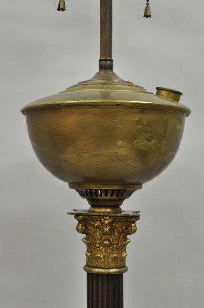 Antique French Empire Brass Converted Oil Lamp Mahogany Wood Column Table Lamp