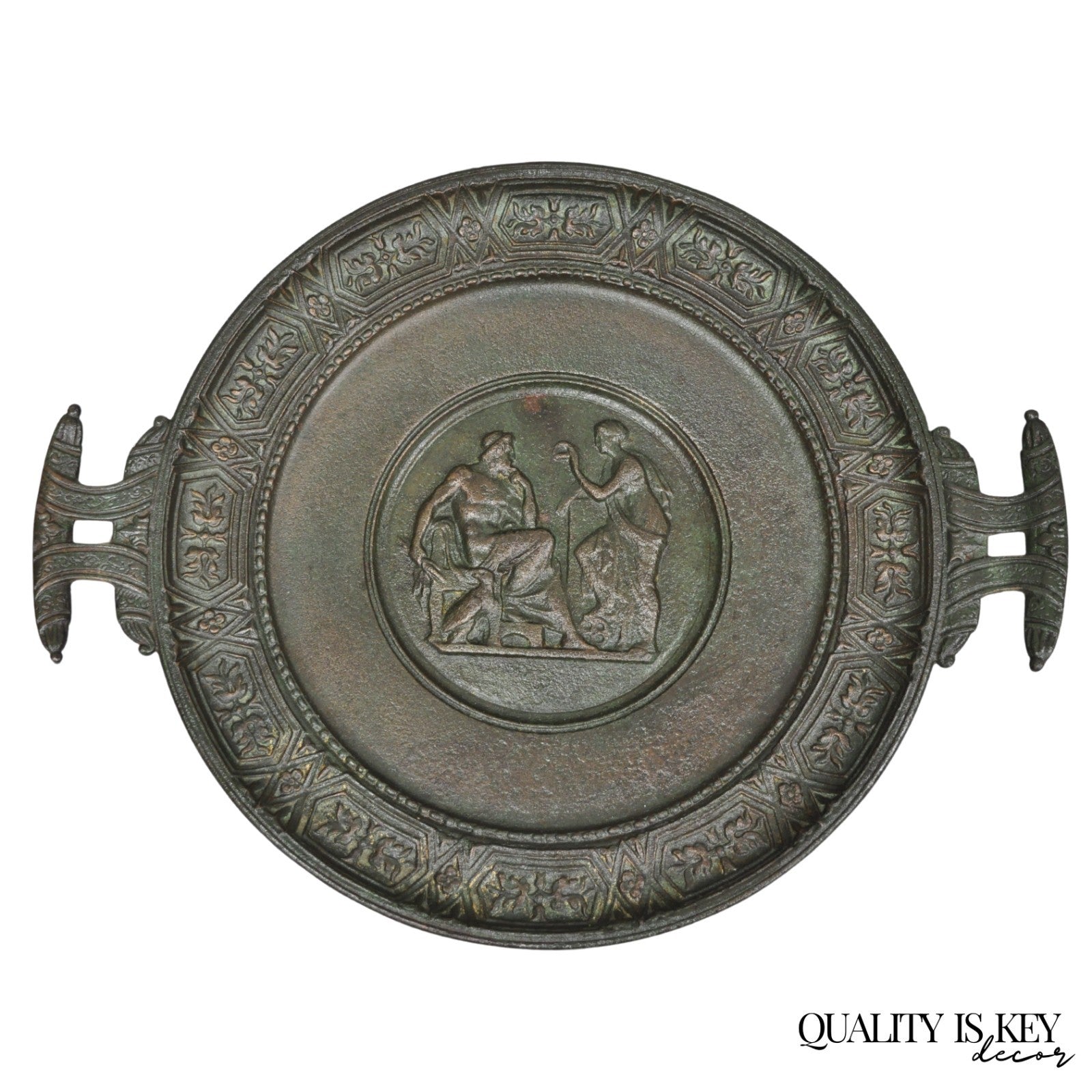 Vintage Roman Classical Style Figural Cast Iron Twin Handle Charger Dish