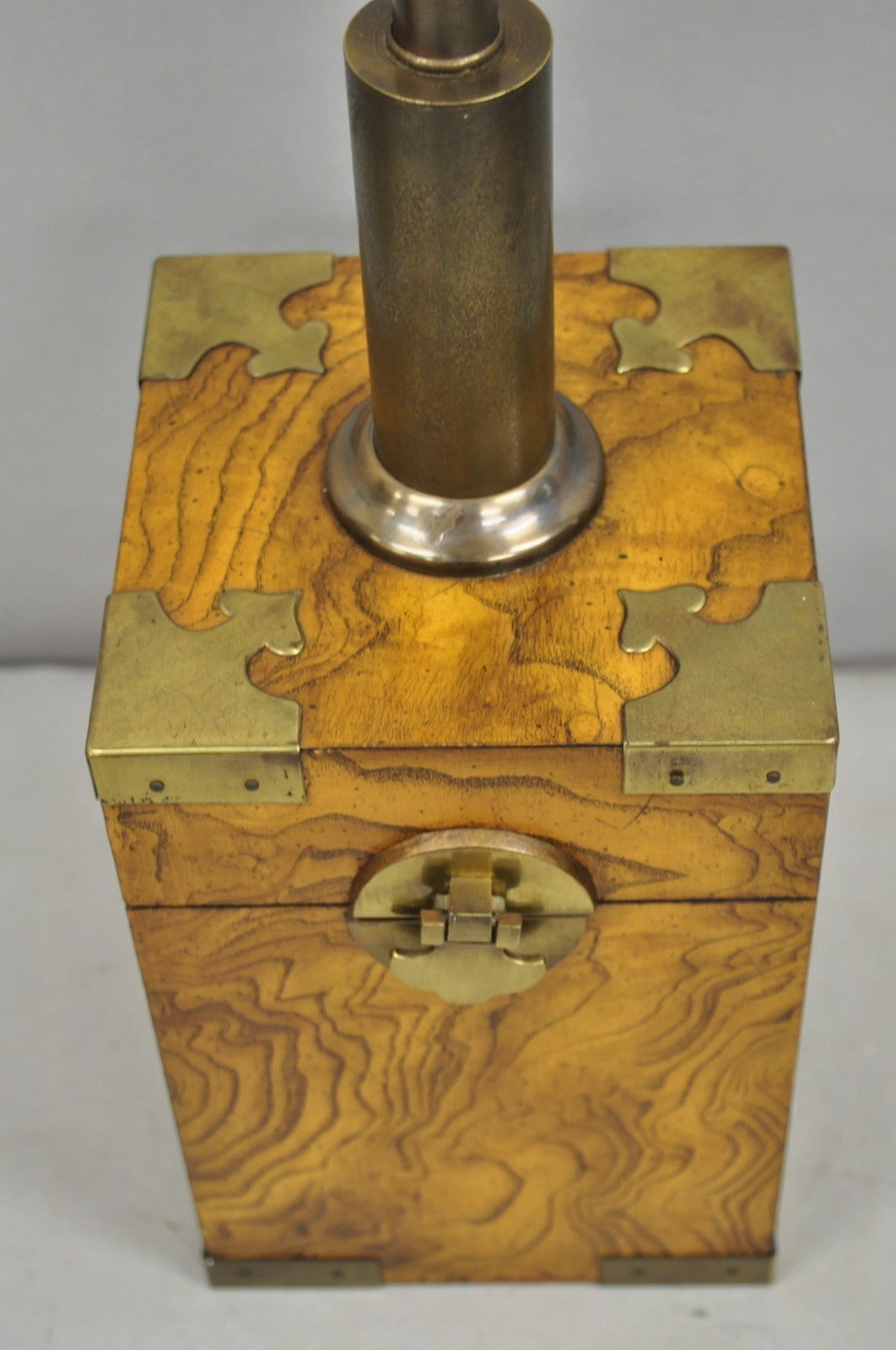 Vintage Campaign Style Burl Wood & Brass Faux Tea Box Table Lamp by Knob Creek
