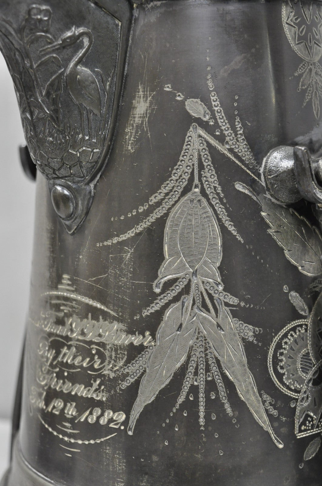 Antique English Victorian Silver Plated Tilting Coffee Pot on Stand w/ Engraving