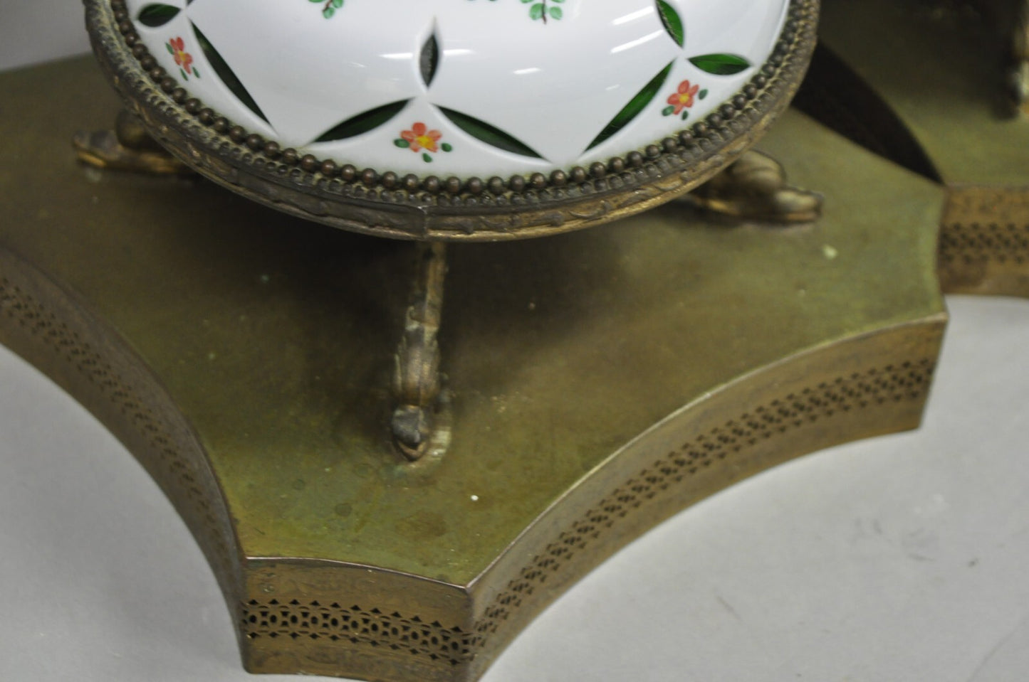 Antique Bohemian Czech Cut to Clear Glass Green and White Table Lamps - a Pair