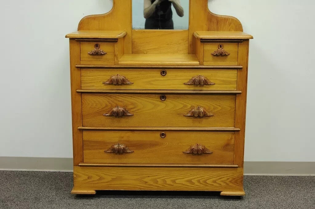 Antique Eastlake Victorian Carved Chestnut Step Down Cottage Dresser w/ Mirror