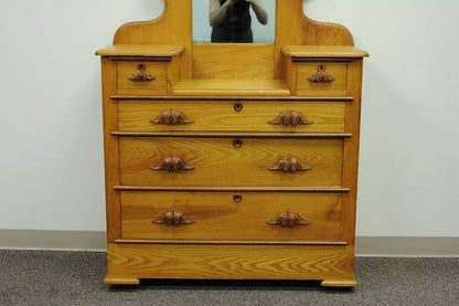 Antique Eastlake Victorian Carved Chestnut Step Down Cottage Dresser w/ Mirror