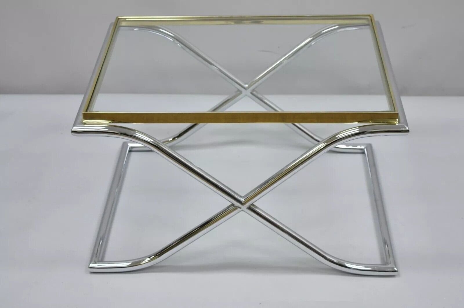 Vintage Hollywood Regency X-Frame Chrome Brass & Glass Small Coffee Table