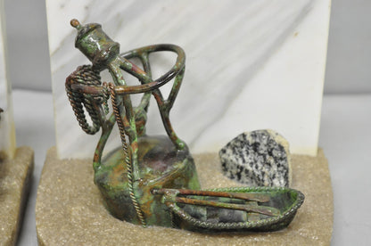 Curtis Clawson Mid Century Modern Brutalist Nautical Bronze & Marble Bookends