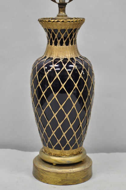 Antique Chinoiserie Japanese Cobalt Blue Porcelain Vase Brass Lattice Table Lamp