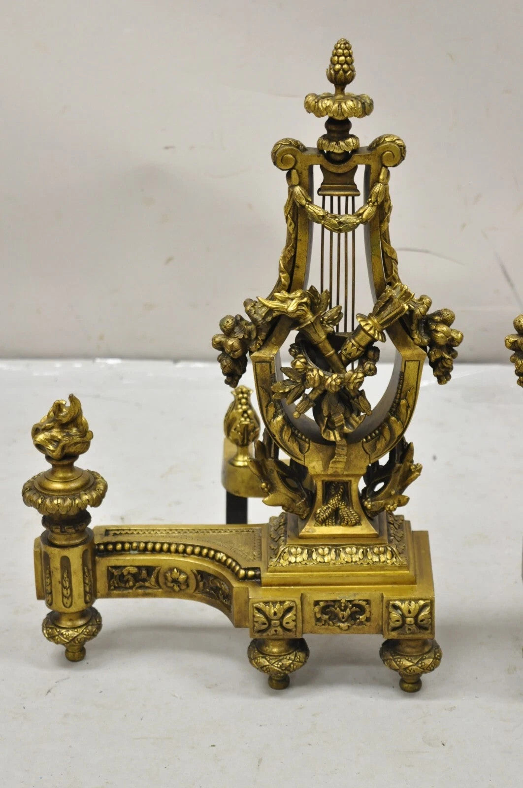 Antique French Empire Neoclassical Bronze Figural Lyre Harp Andirons - a Pair