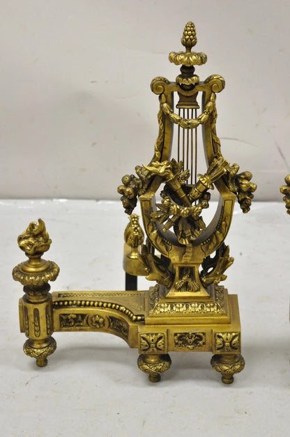 Antique French Empire Neoclassical Bronze Figural Lyre Harp Andirons - a Pair