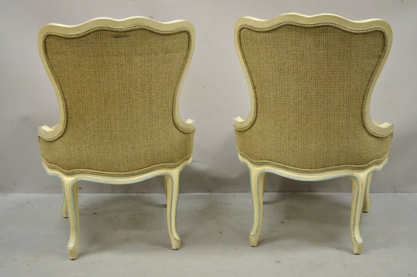Vintage French Provincial Louis XV Cream Blue Boudoir Slipper Chairs - a Pair
