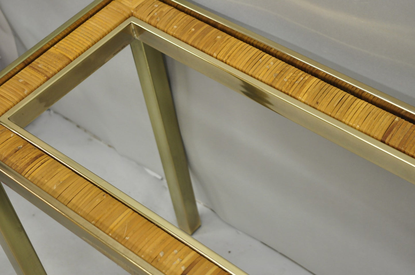Vintage Mid Century Modern Brass Metal and Rattan Gold Console Hall Table
