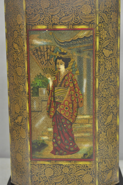 Vintage Chapman Oriental English Metal Tea Canister Figural Painted Table Lamp