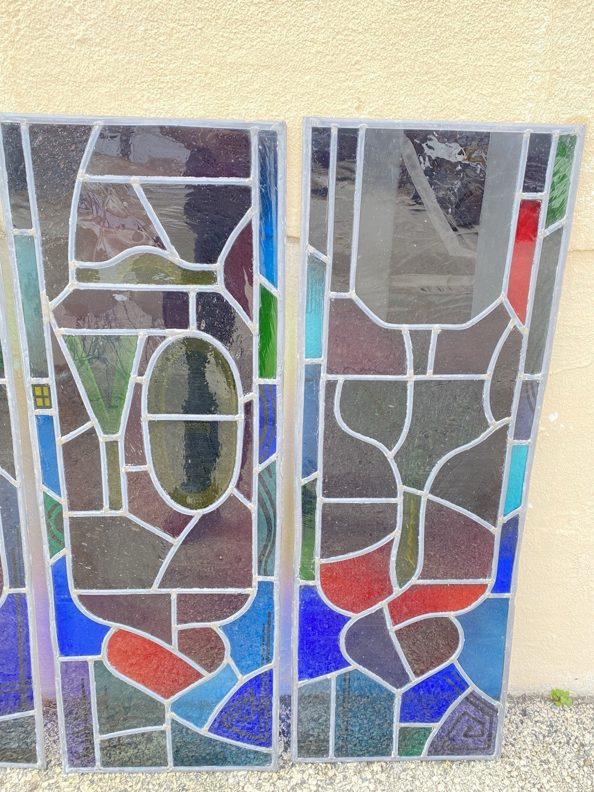 Vintage "Yo" & Door Art Deco Blue & Red Leaded Stained Glass Window 43x15 - 4 Pc